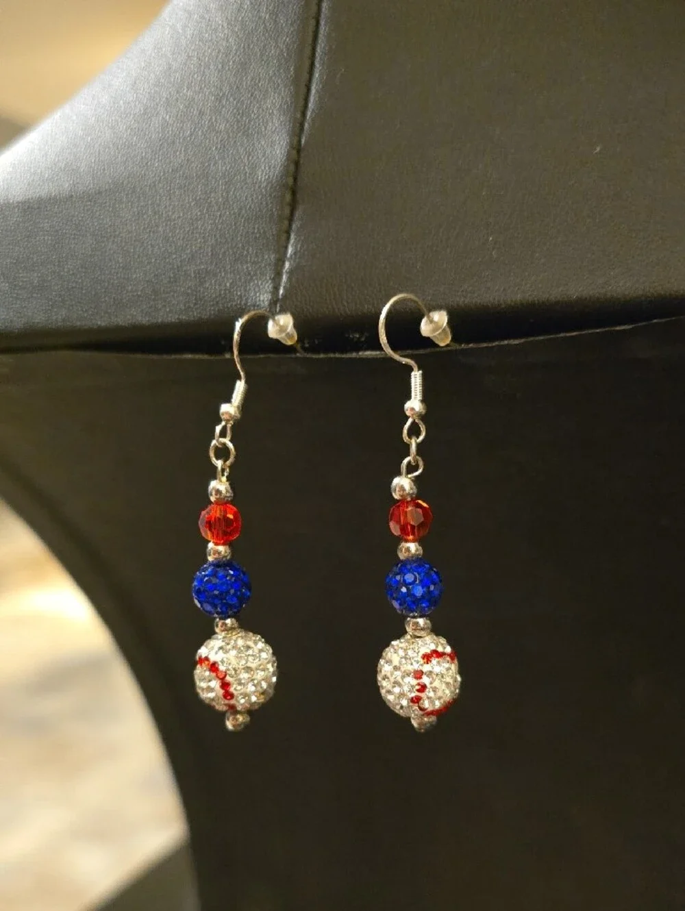 Patriotic Crystal Baseball Dangle Earrings - Red, Blue & Silver